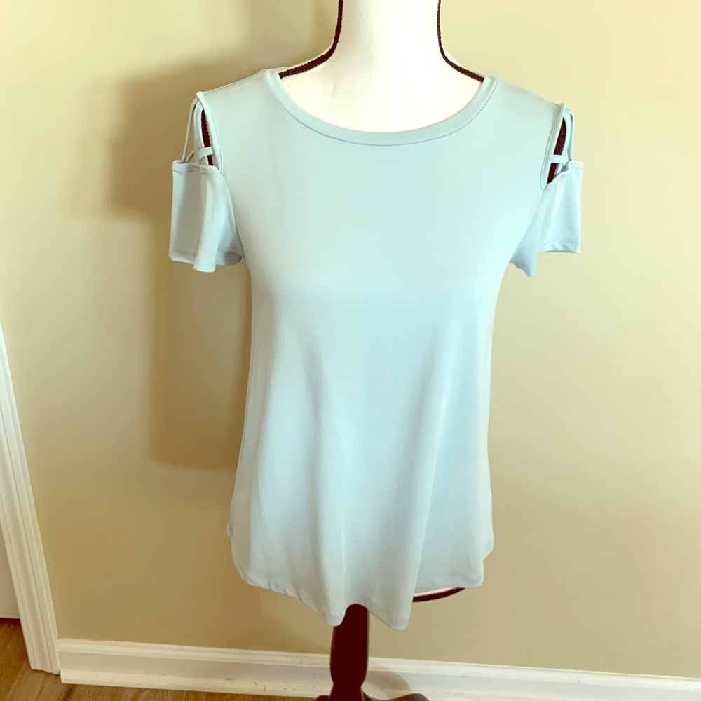 Light blue tee open shoulder detail, size Small
